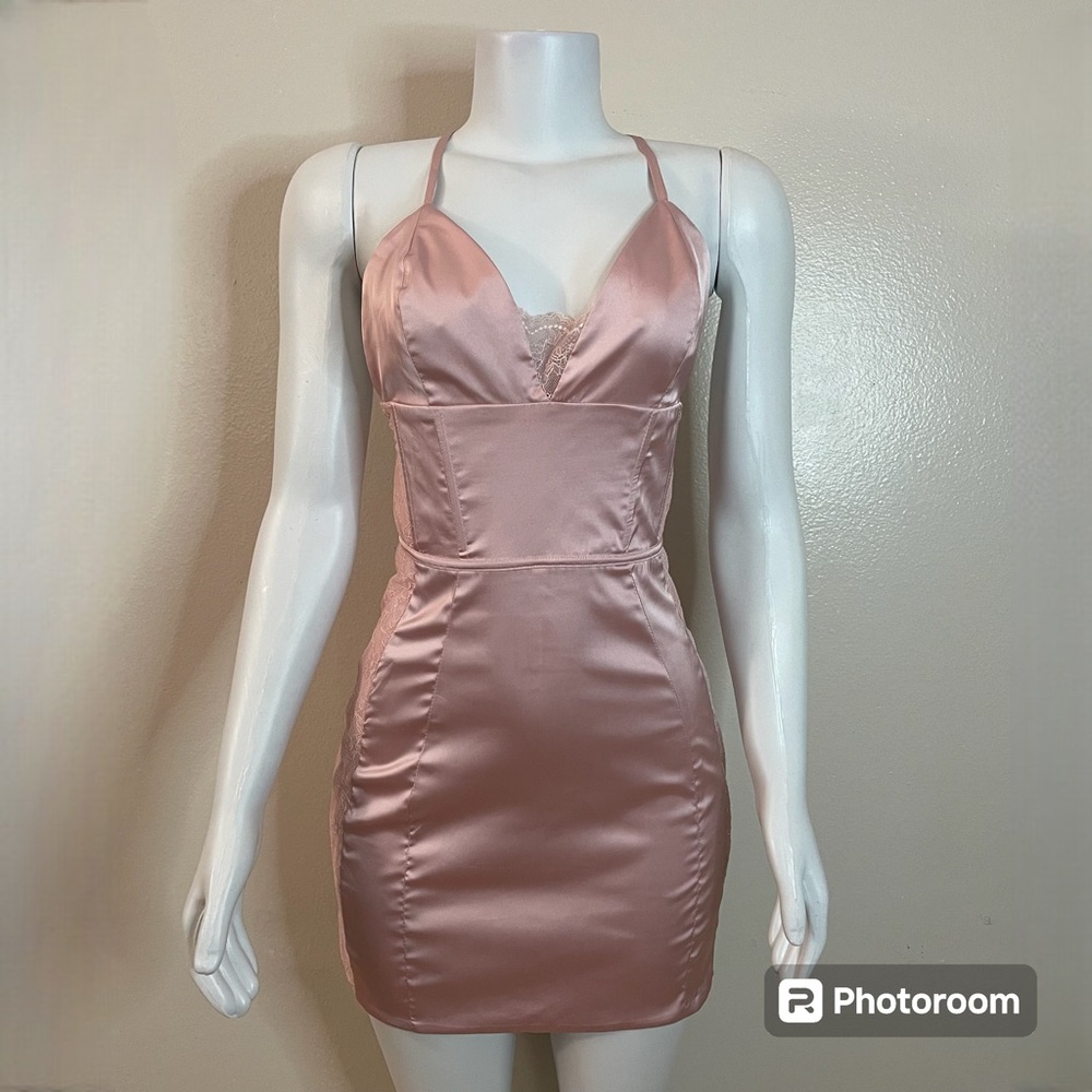 Dusty pink satin lace V-neckline crisscross back straps mini dress